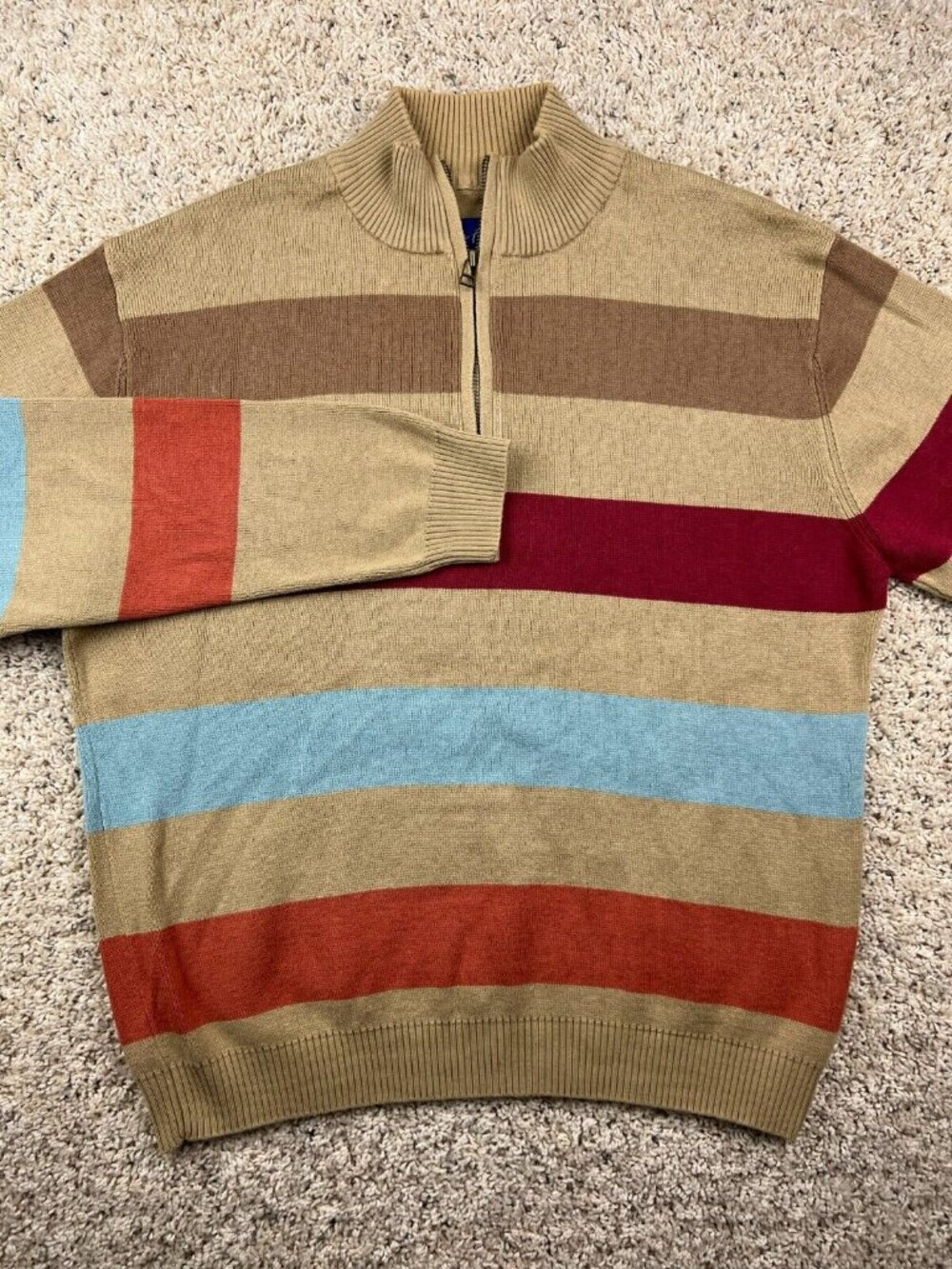 Alan Flusser Sweater Mens Medium All Cotton 1/4 Zip Striped Beige Red Blue